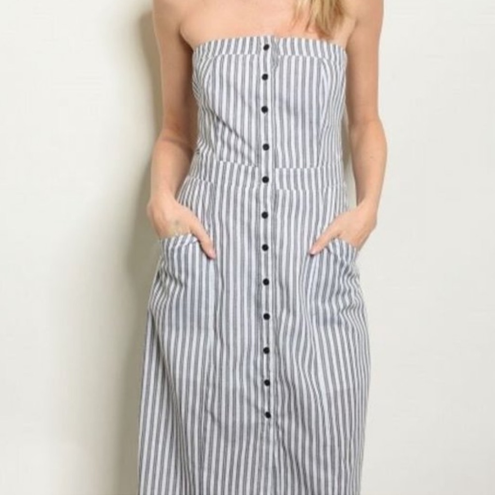 KATE C Striped Button Front Strapless Dress